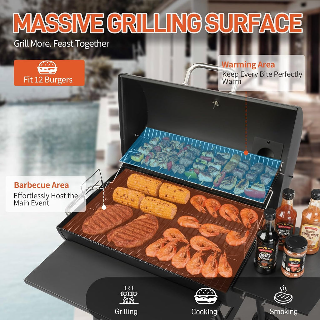 VINGLI Upgraded Barrel Charcoal Grill with Side Front Tables, Adjustable Charcoal Tray BBQ Grill Outdoor Smoker Grill with Wheels for Party Garden Patio and Backyard Cooking 39''D × 24''W × 46''H