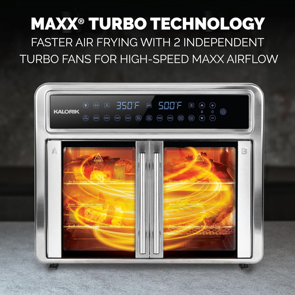 Kalorik Air Fryer Oven MAXX Series 26-Quart Flex Trio with Digital Controls Easy-View Door and 14 Cooking Presets, Converts into Dual 13 Quart Air Fryers, 1700-Watts, Stainless Steel