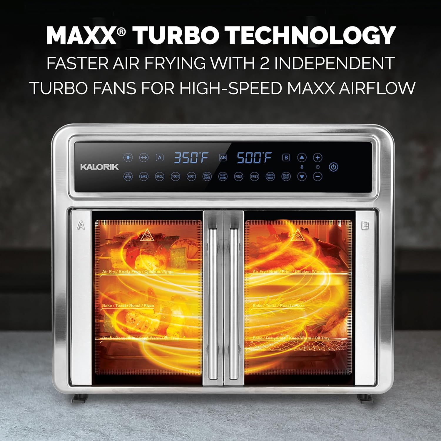 Kalorik Air Fryer Oven MAXX Series 26-Quart Flex Trio with Digital Controls Easy-View Door and 14 Cooking Presets, Converts into Dual 13 Quart Air Fryers, 1700-Watts, Stainless Steel