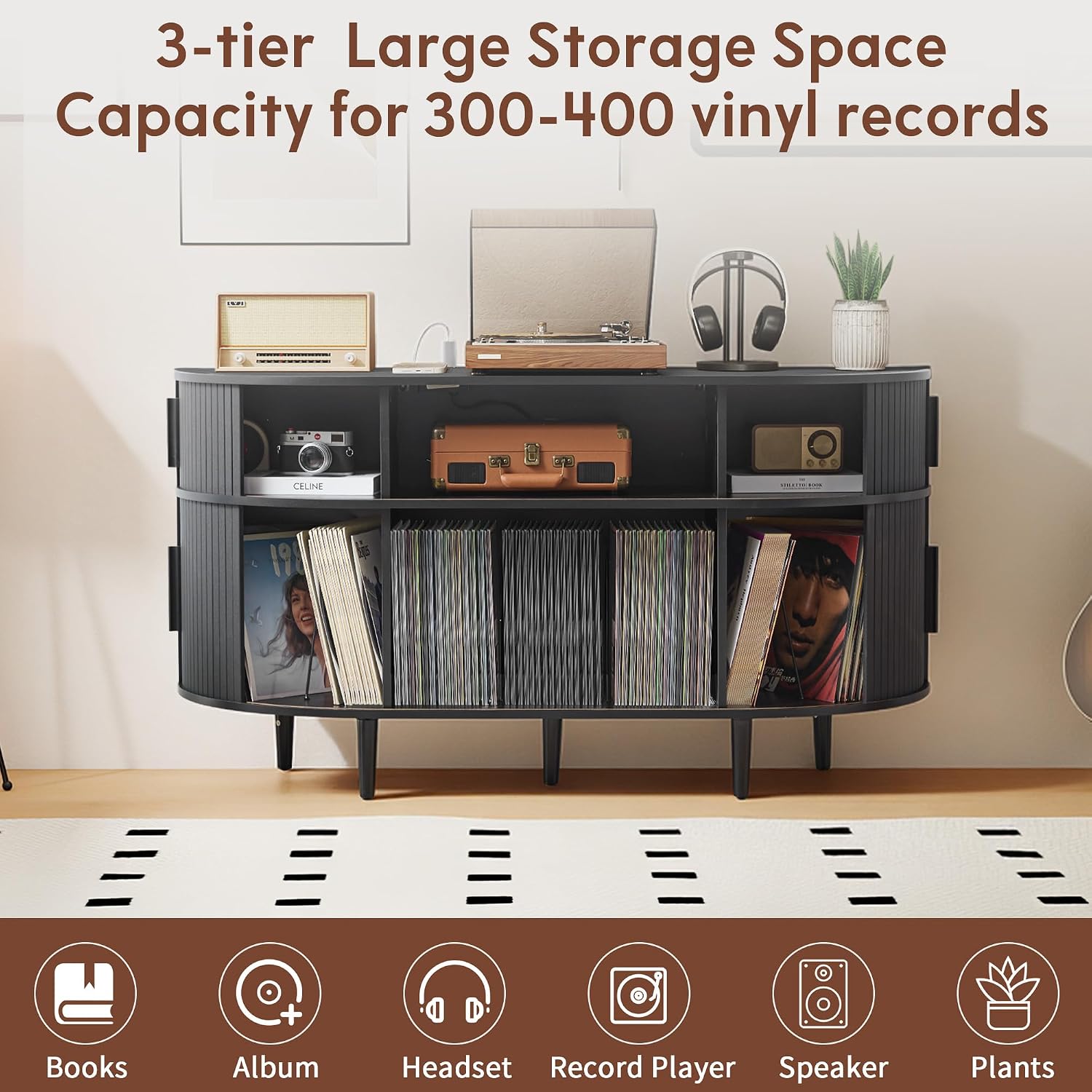 Large Record Player Stand, 55'' Wood Vinyl Record Storage Cabinet with Charging Station & USB Ports, Curved Turntable Table Open Shelf Holder Up to 300 Albums for Living Room(Black)