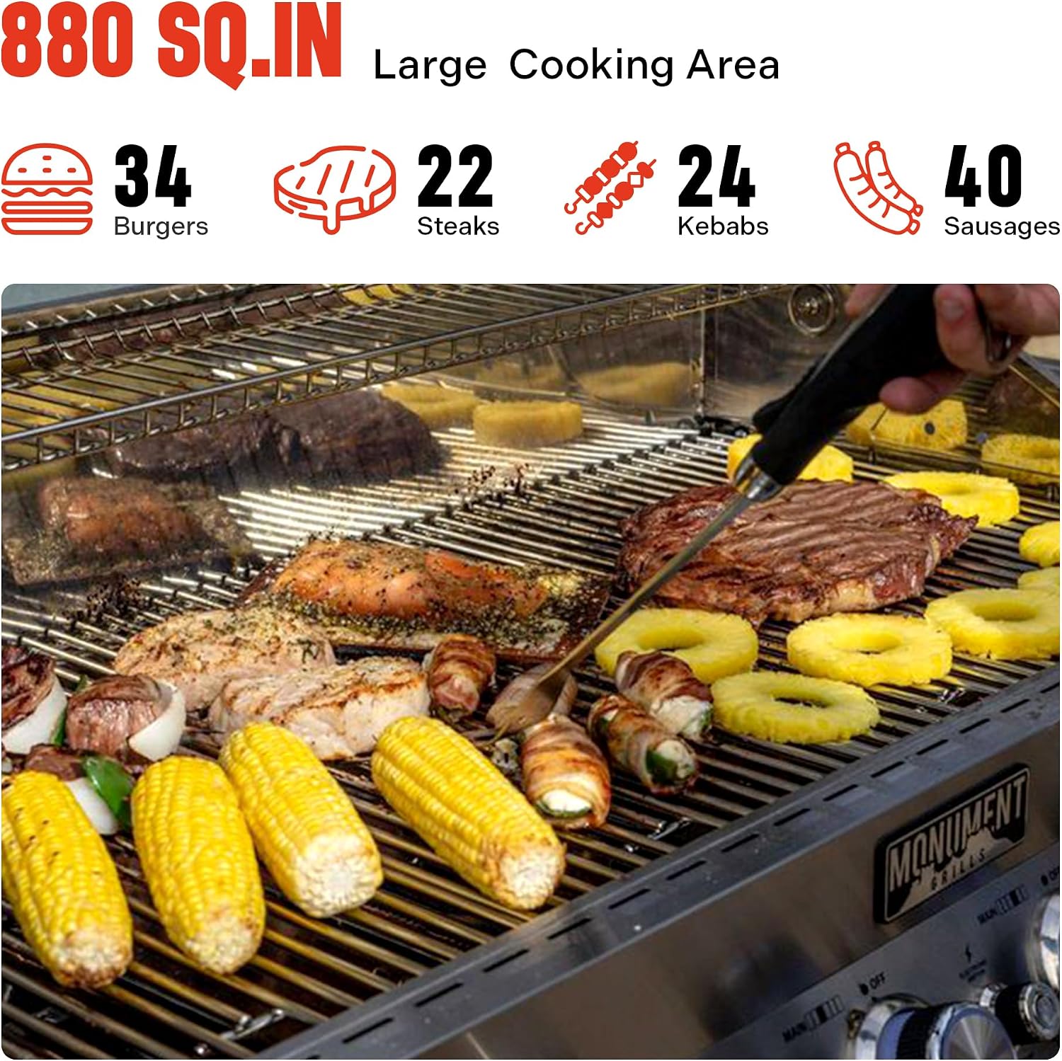 Monument Grills 6 Burner 640 sq.in. Stainless Steel Propane Gas Grill with a Rotisserie Kit, a Side Burner, a Built-In Thermometer, Large Cabinet Style Grill