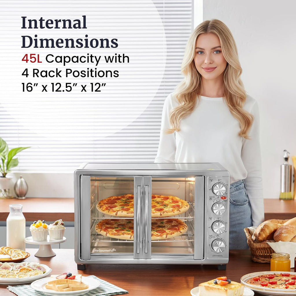 Elite Gourmet ETO4510B# French Door 47.5Qt, 18-Slice Convection Oven 4-Control Knobs, Bake Broil Toast Rotisserie Keep Warm, Includes 2 x 12' Pizza Racks, Stainless Steel