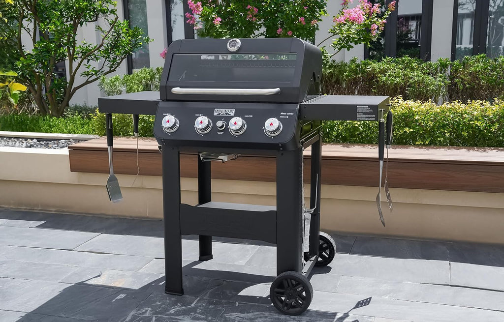 Monument Grills 4-Burner Liquid Propane Gas Grill, Matte Black Stainless Steel Burner Grill with Clearview® Lid and One Foldable Shelf for Outdoor Cooking Kitchen Patio Backyard Barbecue, Mesa420MF