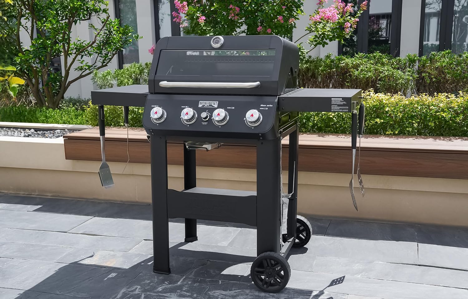 Monument Grills 4-Burner Liquid Propane Gas Grill, Matte Black Stainless Steel Burner Grill with Clearview® Lid and One Foldable Shelf for Outdoor Cooking Kitchen Patio Backyard Barbecue, Mesa420MF