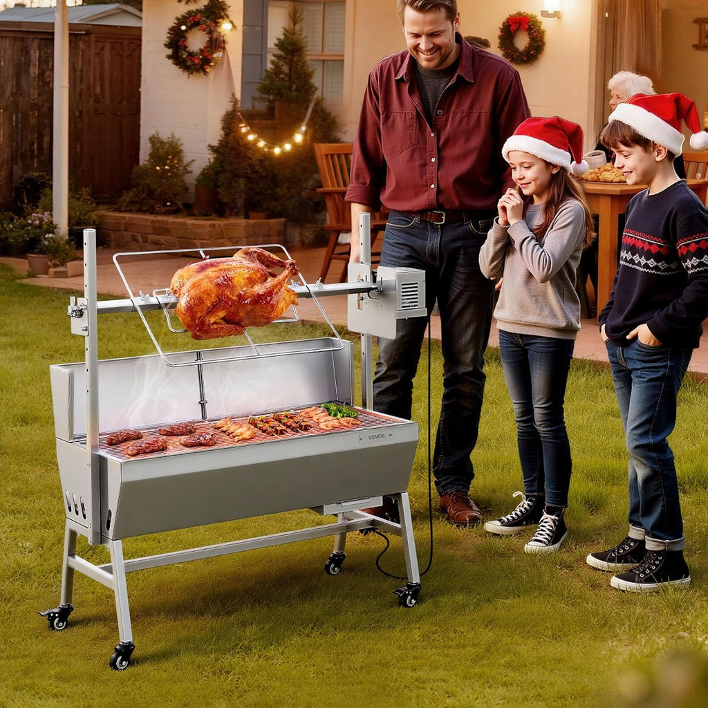 VEVOR Rotisserie Grill, 37in BBQ Outdoor Pig & Lamb Spit Roaster, Charcoal Spit Roaster with 132 LBS Load Capacity & 7-Level Height, Stainless Steel Electric Rotisserie Grill Kit for Camping Outdoor
