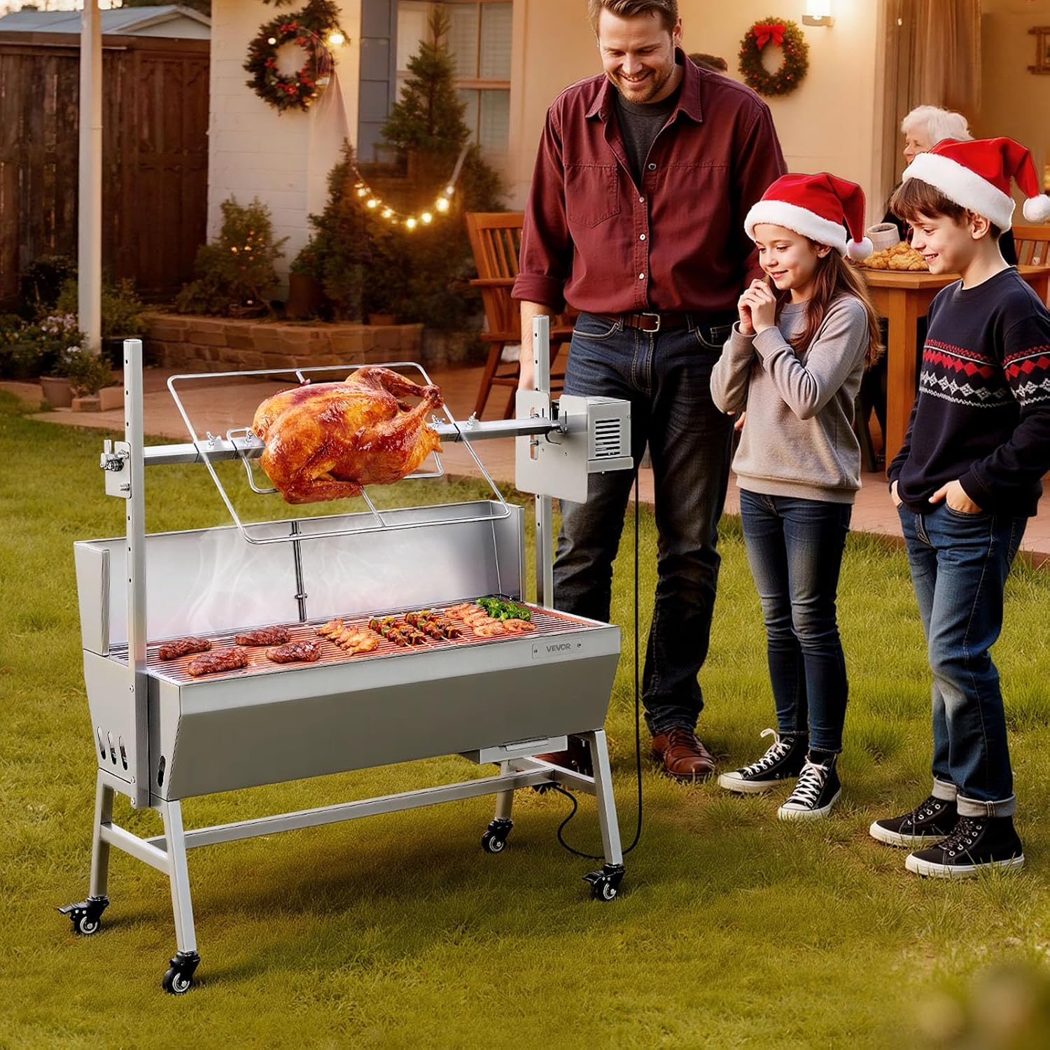 VEVOR Rotisserie Grill, 37in BBQ Outdoor Pig & Lamb Spit Roaster, Charcoal Spit Roaster with 132 LBS Load Capacity & 7-Level Height, Stainless Steel Electric Rotisserie Grill Kit for Camping Outdoor
