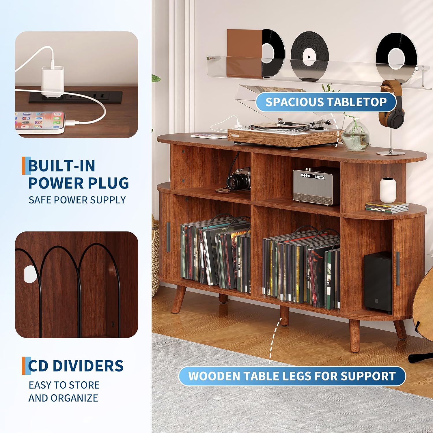 GarveeHome 55 in Large Round Record Player Stand with Charging Station and USB Ports, Mid-Century Rustic Vinyl Record Player Turntable Stand Storage Cabinet with Open Shelves Holder