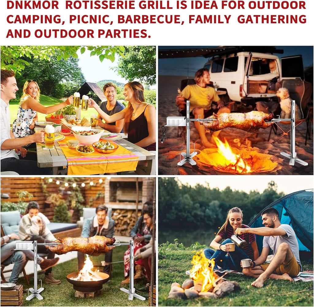 Rotisserie Grill Kit Stainless Steel Tripod Rotisserie Stand,52inch Pig Lamb Hooded Roaster Charcoal Spit with 15W Motor & Adjustable Height Lockable Casters for Outdoor Camping Party, Rated 90 LB