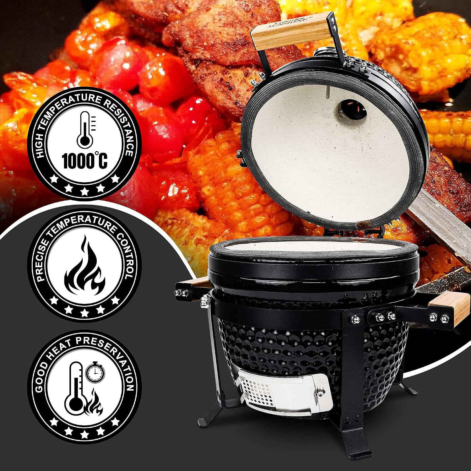 London Sunshine Ceramic BBQ Charcoal Kamado Grill 13 inch Portable Tabletop BBQ Grill with Stainless Steel Grates Black, Black