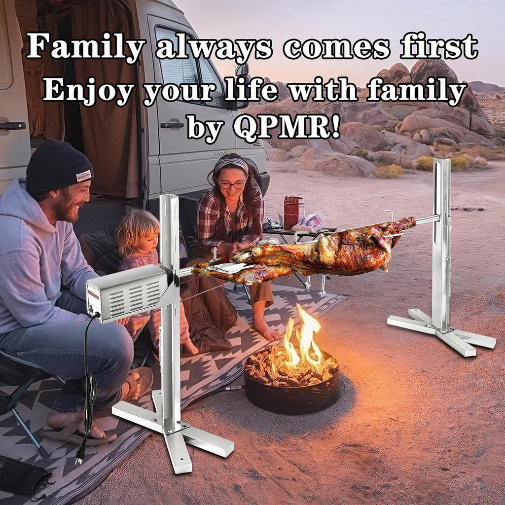 QPMR Rotisserie Grill Kit - 52' Electric Stainless Steel Tripod Stand, 150LBS Pig Spit Rotisserie, Height Adjustable BBQ Kit for Pig, Lamb, Campfire