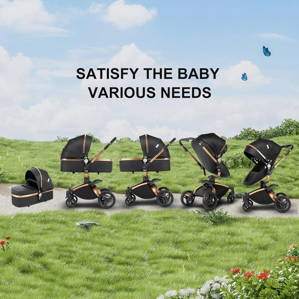 PU Leather 2 in 1 Baby Stroller with 360° Rotatable Seat, Convertible Reversible Standard Baby Pram Portable Pushchair Infant Carriage Foldable High Landscape Pram for Toddler Newborn (HR002-Black)