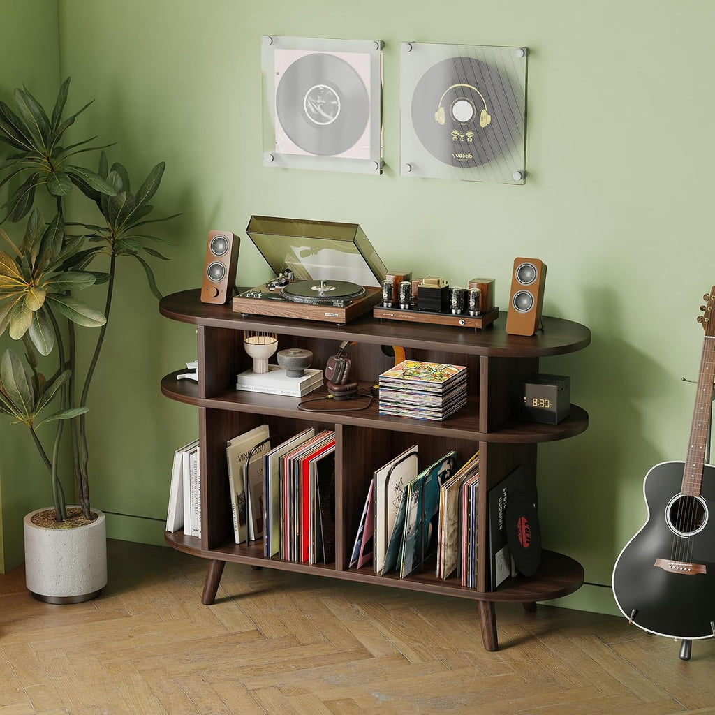 LIVEHOM Large Round Record Player Stand, Wood Record Storage Cabinet, Vinyl Record Holder with Display Area, Mid Century Modern Turntable for Living Room, Bedroom
