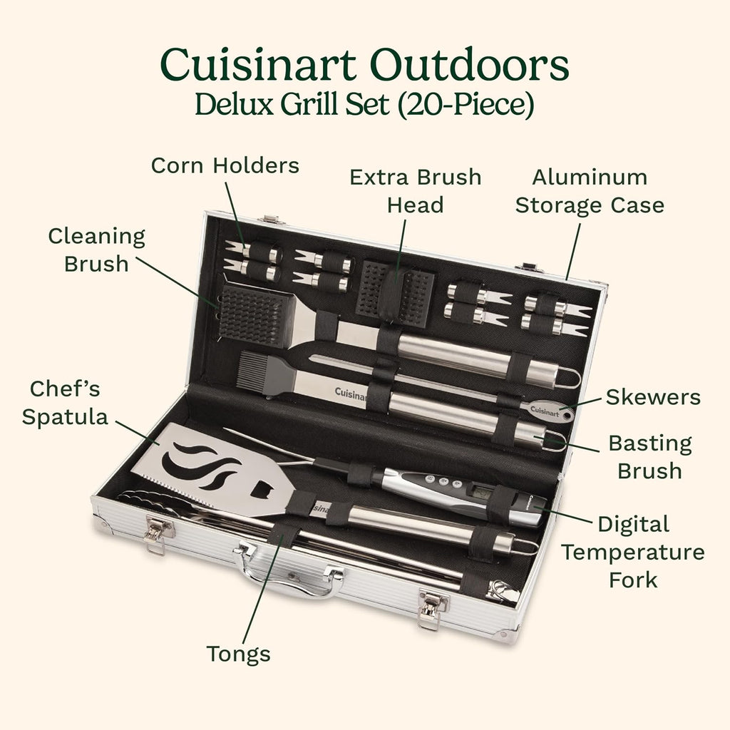 Cuisinart Deluxe Grill Tool Set, 20-Piece Grill Set, BBQ Accessories with Aluminum Case, Stainless Steel Grilling Accessories, Grilling Gifts for Men, for Dad Husband (Pack of 4)