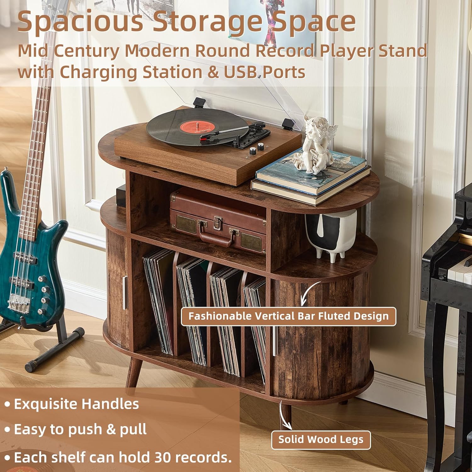 LELELINKY Large Round Record Player Stand with Charging Station & Fluted Panel, Brown Mid Century Modern Turntable Cabinet with Vinyl Storage, Arched Wood Record Player Table for Living Room