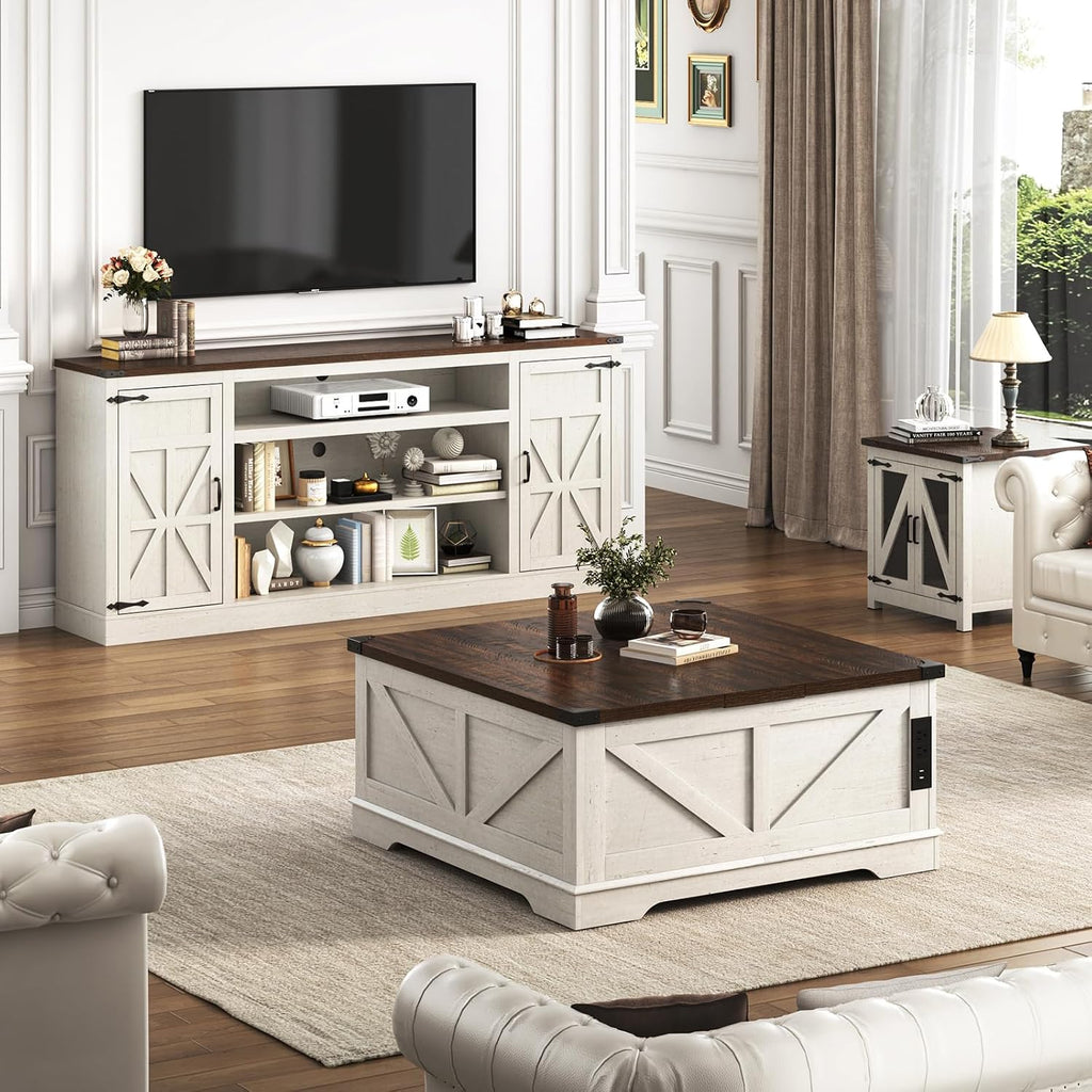 Hlivelood 75' Farmhouse TV Stand with Power Outlets for 85 Inch TVs, 33' Tall Entertainment Center with Storage Cabinets w/Adjustable Shelves, Rustic Large TV Media Console, Rustic White