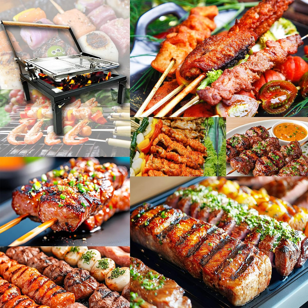 Rotating BBQ Grill, Foldable Flipping Charcoal Grill with 360 Degree Rotating Cooking Grille, Cooking Grill with Adjustable Tray, Suitable for Outdoor Camping Picnicking Backyard Garden Parties