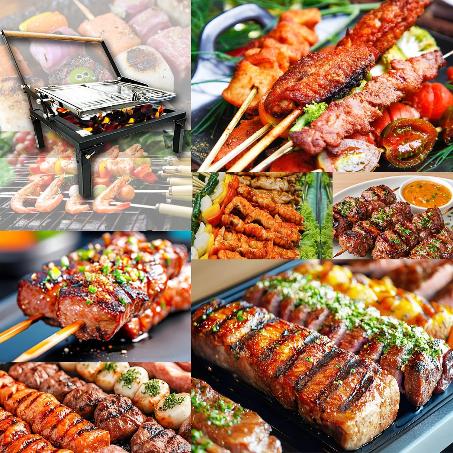 Rotating BBQ Grill, Foldable Flipping Charcoal Grill with 360 Degree Rotating Cooking Grille, Cooking Grill with Adjustable Tray, Suitable for Outdoor Camping Picnicking Backyard Garden Parties
