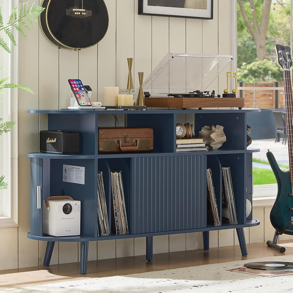 LELELINKY Extra Large Round Record Player Stand with Charging Station & Fluted Panel, Mid Century Modern Turntable Cabinet with Vinyl Storage, Arched Wood Record Player Table for Living Room,Blue