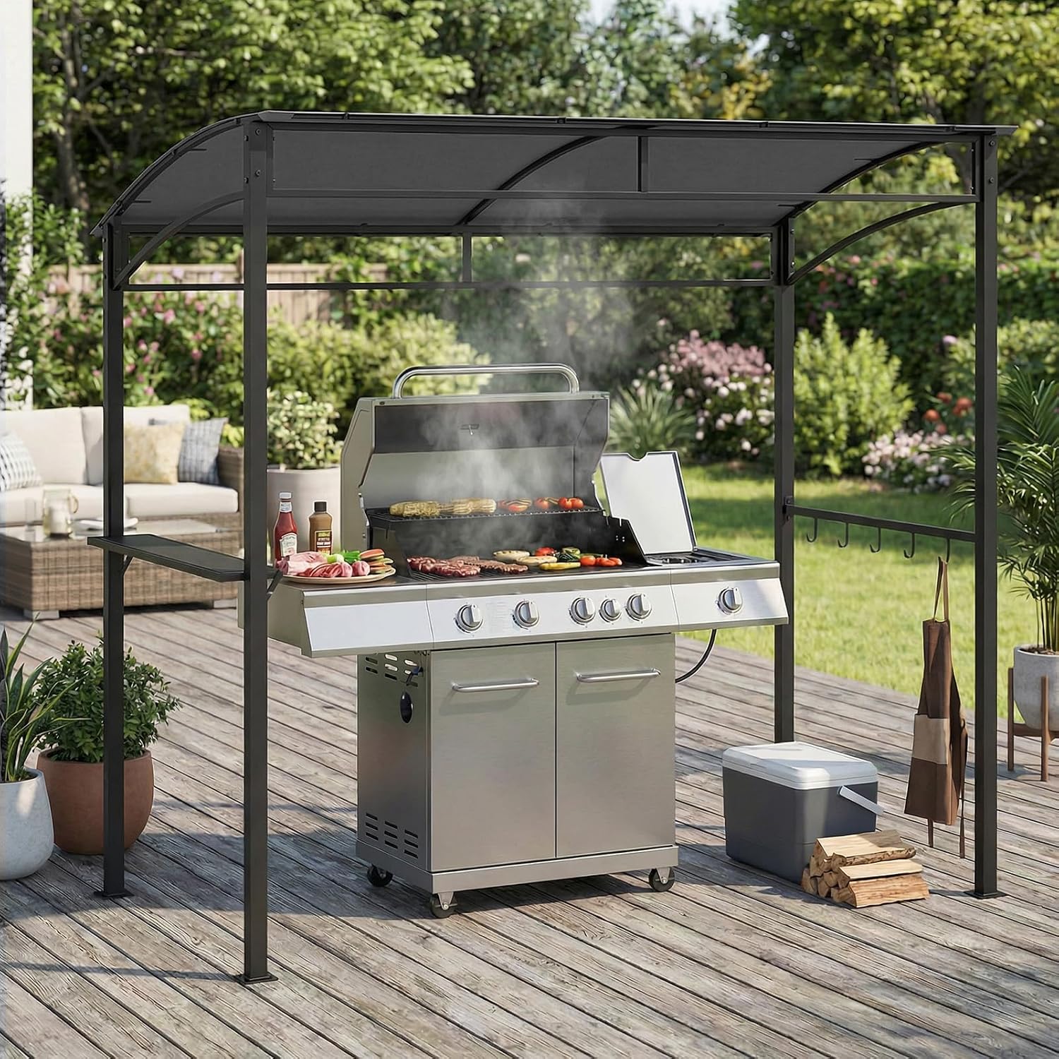 Tangkula 7ft Grill Gazebo, Patio Barbecue Canopy with Serving Shelf and Storage Hooks, Curved Grill Shelter w/Heavy-Duty Steel Frame Sunshade Awning for Outdoor Garden (Gray)