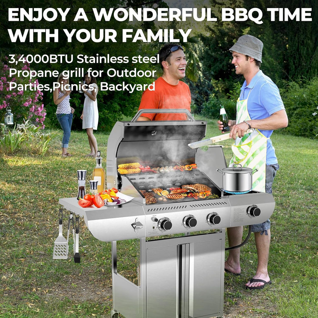R.W.FLAME 3-Burner Propane Gas Grill With Sider Burner, 34,000BTU Stainless Steel BBQ Grill, Cast Iron Grates&Pullout Oil Drip Tray, Barbecue Grill with Casters for Outdoor Backyard&Patio