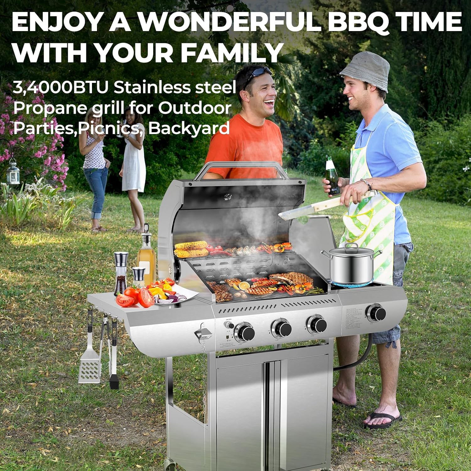 R.W.FLAME 3-Burner Propane Gas Grill With Sider Burner, 34,000BTU Stainless Steel BBQ Grill, Cast Iron Grates&Pullout Oil Drip Tray, Barbecue Grill with Casters for Outdoor Backyard&Patio