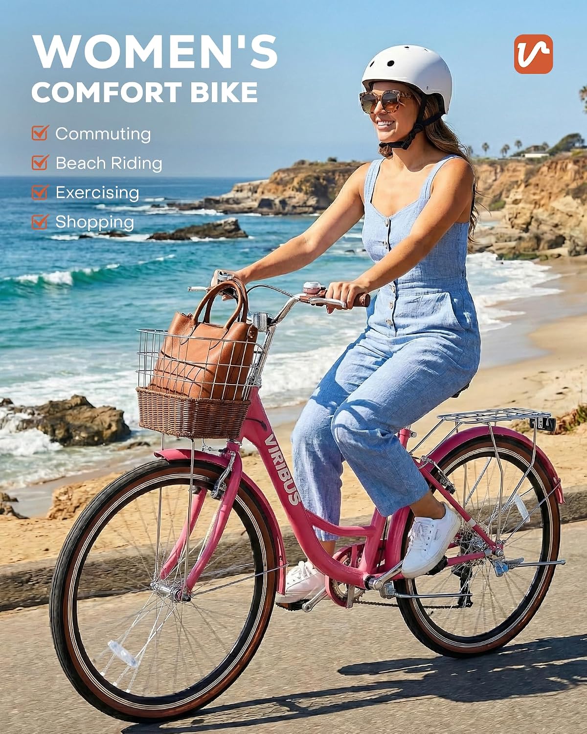 VIRIBUS Womens Cruiser Bike, 7 Speed Beach Cruiser Bike for Women, 26 inch Women Bicycle with Rattan Basket, City Commuter Vintage Retro Step Through Bicycle for Female Ladies Seniors, 330 Lb.