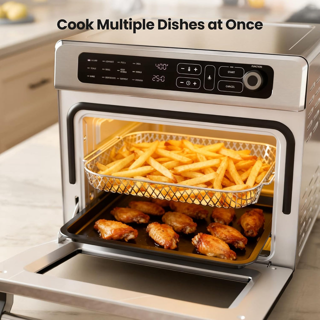 Kismile 25QT Air Fryer Toaster Oven Combo, 12-in-1 Large Countertop Convection Airfryer Oven, 70–450℉, Bake, Roast, Reheat, Broil, Fits 12″ Pizza, Includes Full Accessories, Stainless Steel(Silver)