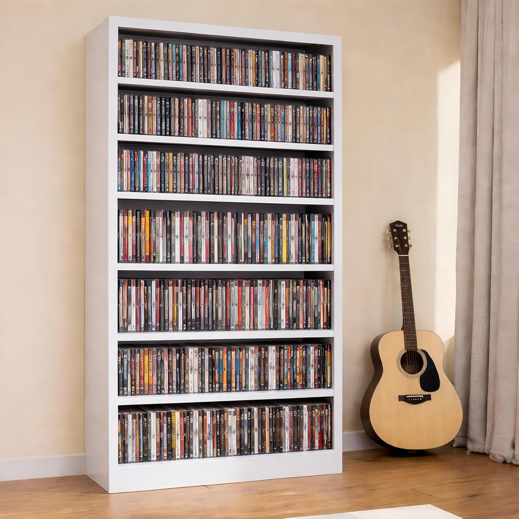 Metal DVD Storage Cabinet, 7 Tier Tall Media Storage Shelf with Adjustable Shelves, Freestanding CD & DVD Rack Tower Bookshelf for Living Room, Home Entertainment,White