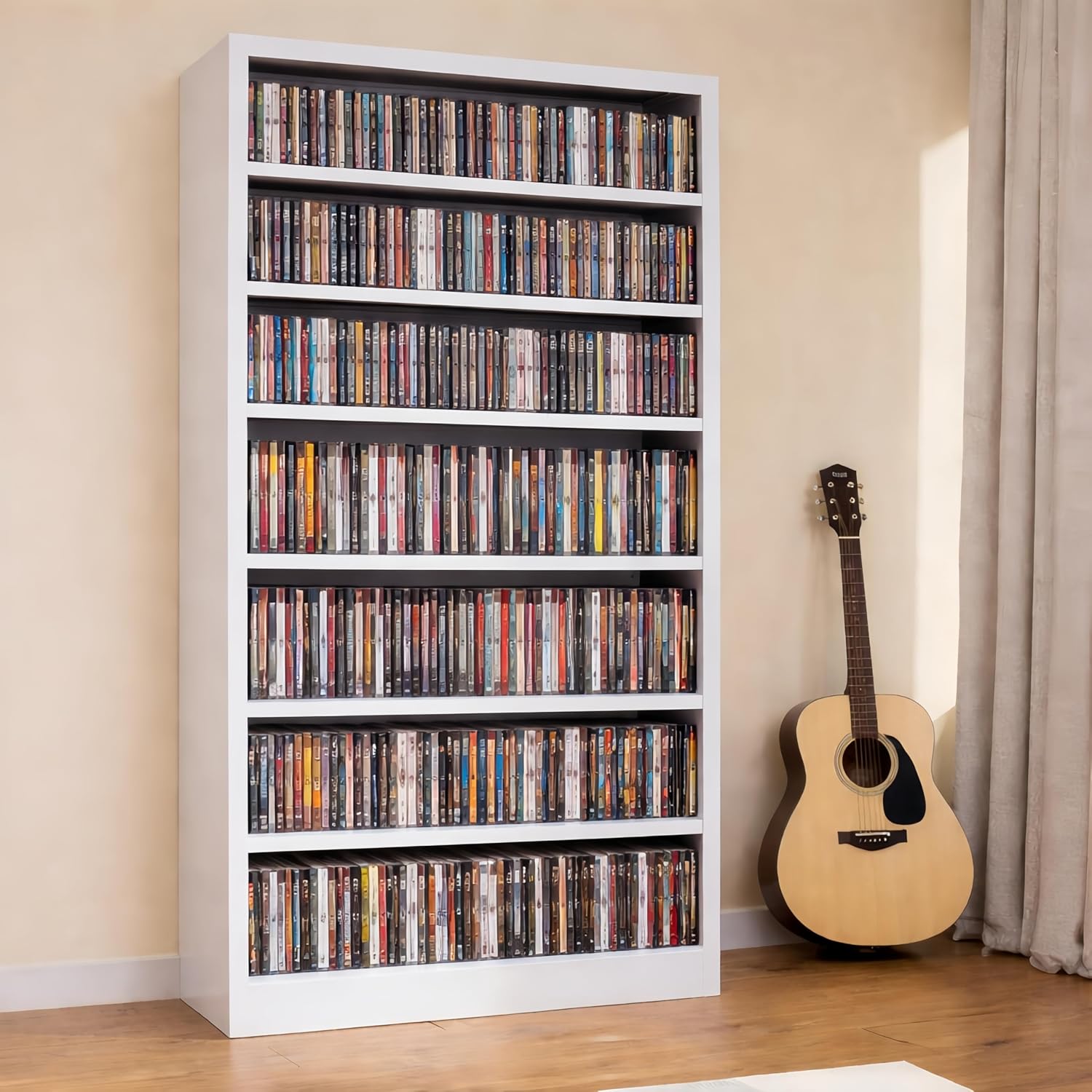Metal DVD Storage Cabinet, 7 Tier Tall Media Storage Shelf with Adjustable Shelves, Freestanding CD & DVD Rack Tower Bookshelf for Living Room, Home Entertainment,White