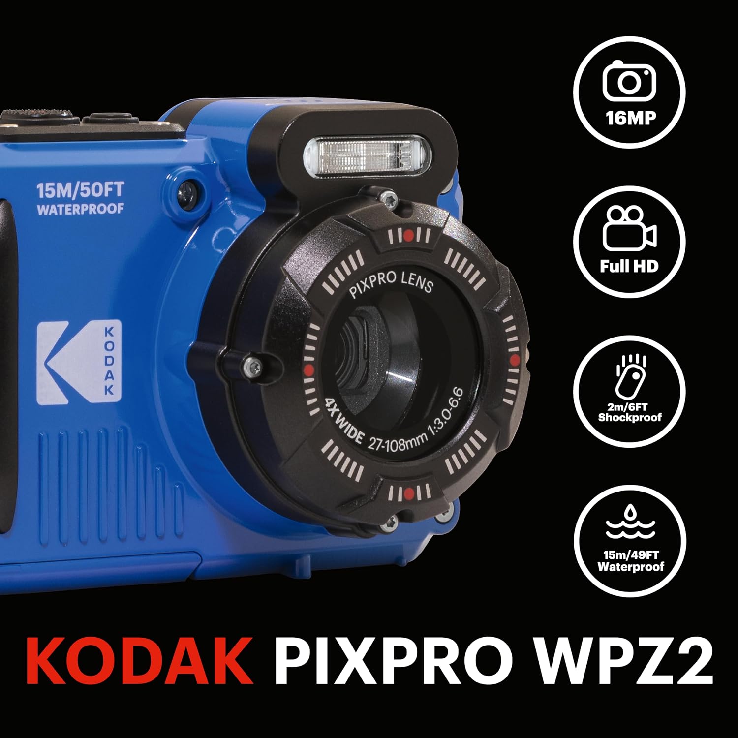 Kodak PIXPRO WPZ2 Waterproof Digital Camera, 16MP with 4X Optical Zoom, Shockproof, Dustproof, 1080p Video, Wi-Fi, Blue