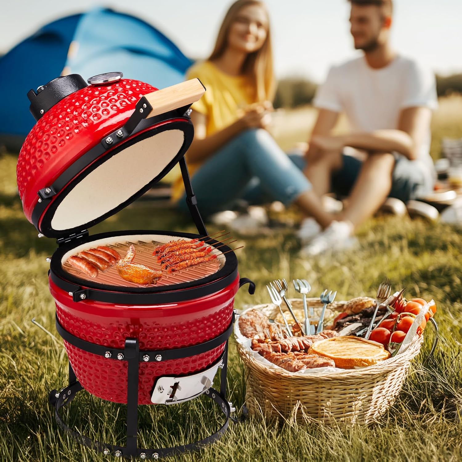 Outvita 13' Round Kamado Charcoal Grill, Portable Ceramic Barbecue Grill with Thermometer for Variations on Cooking Methods(Red)