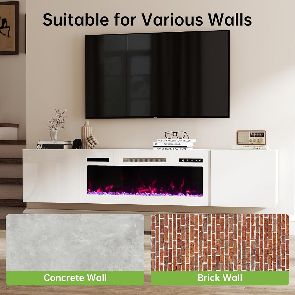 Real Relax 70' Floating TV Stand with 36' Electric Fireplace, Wall Mounted Entertainment Center with Storage, Remote Control, Modern LED Lights Fireplace TV Console for TVs Up to 80', All White