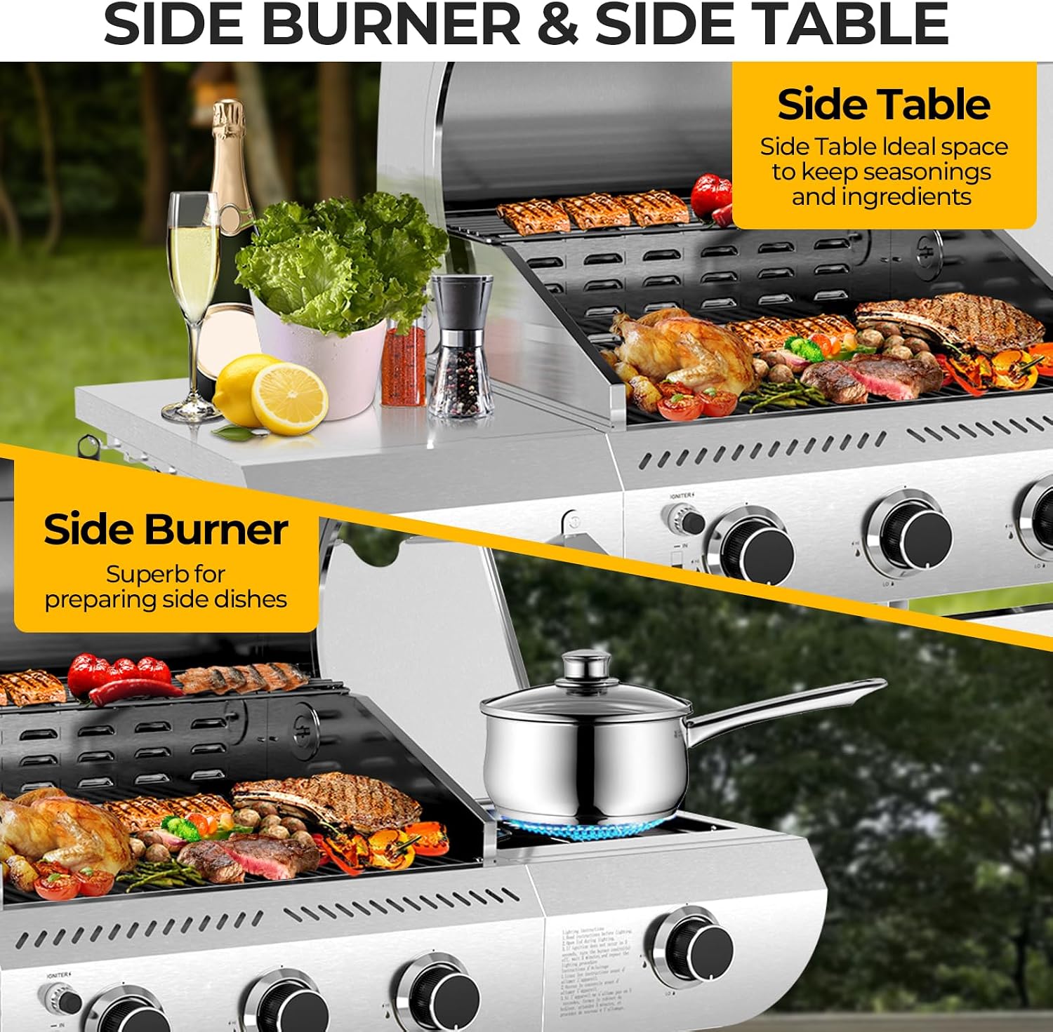 34,000 BTU 3-Burner Propane Gas Grill with Side Burner, All Stainless Steel BBQ Grill, Cast Iron Grates & Portable Cart with Wheels，Outdoor Barbecue Grill for Backyard, Patio, Camping (G31 PRO)
