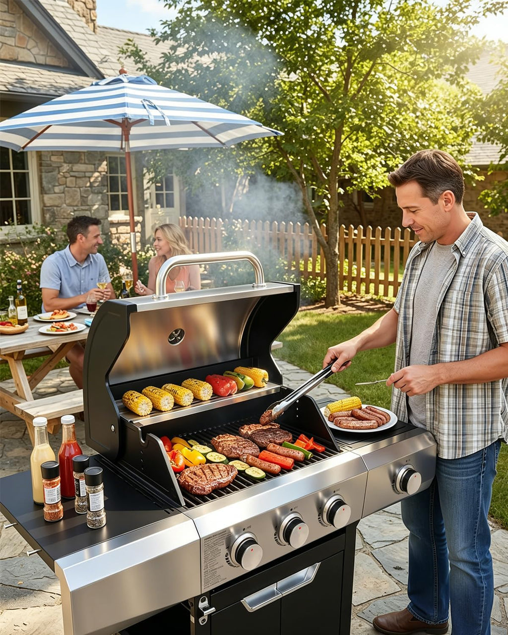 EUHOME 40,500 BTU 3-Burner Propane Gas Grill with Side Burner, Stainless Steel Outdoor BBQ Grill with 380 sq.in Cooking Space, 4 Swivel Casters & Cast Iron Grates for Patio Backyard Garden