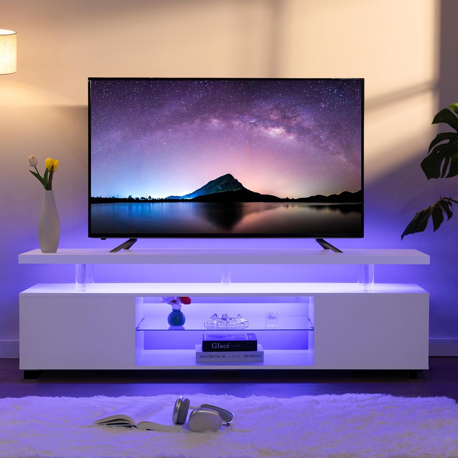 Cubehom TV Stand for 75+ inch TV, LED TV Stands for Living Room,White TV Cabinet,Long Entertainment Center for Living Room, Modern TV Table with Storage Bedroom,Home Office