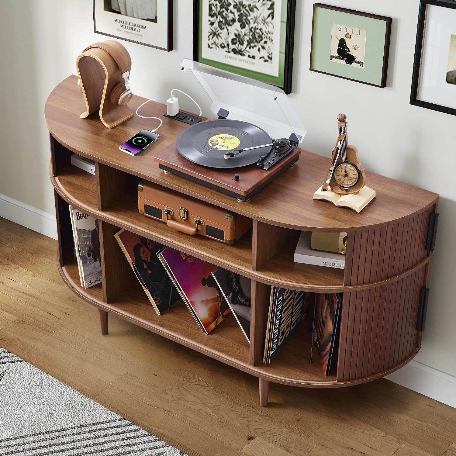 Large Record Player Stand, 55'' Wood Vinyl Record Storage Cabinet with Charging Station & USB Ports, Curved Turntable Table Open Shelf Holder Up to 300 Albums for Living Room(Walnut)