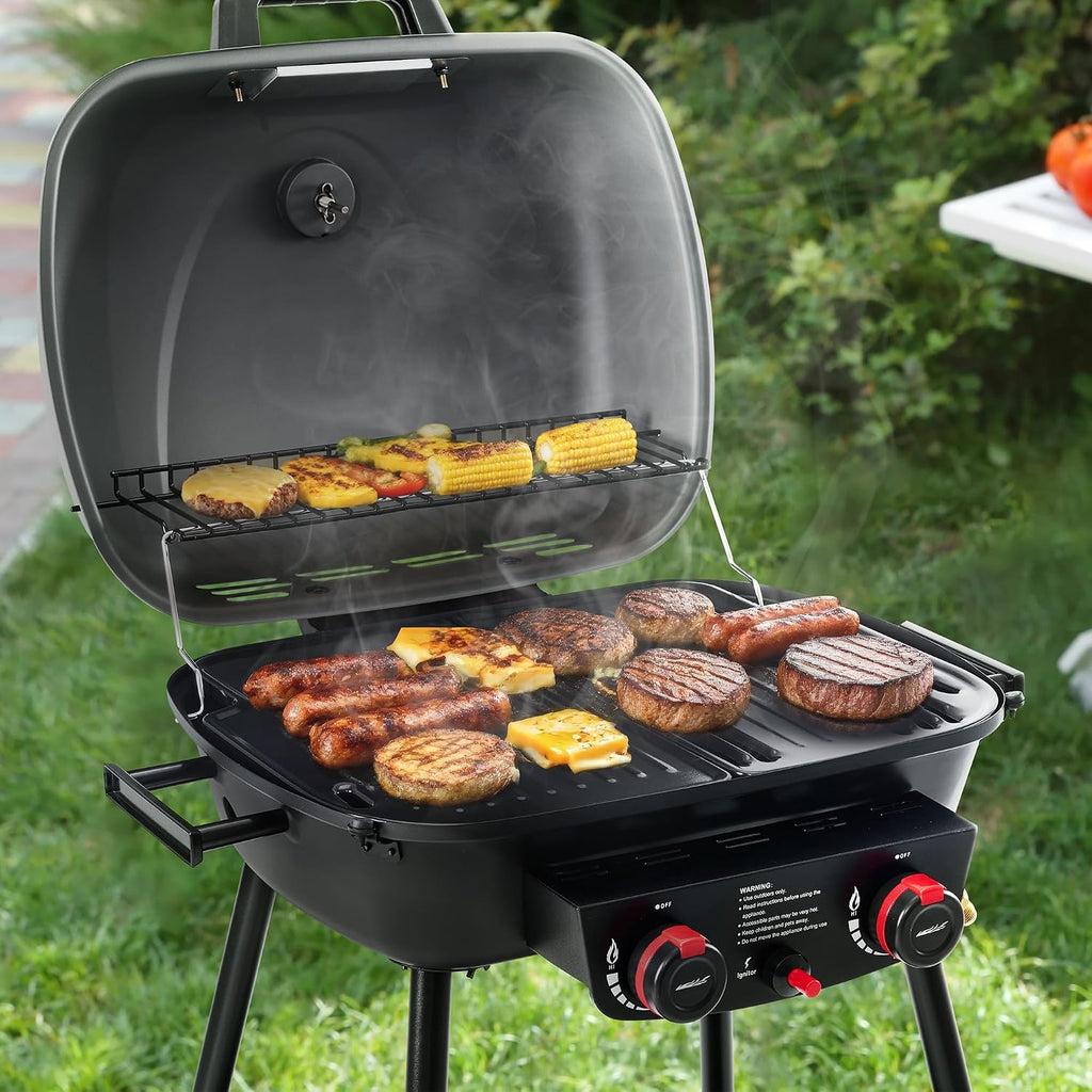 Royal Gourmet GT2003 Portable 2 Burner Propane Gas Grill with Stand and Warming Rack, 2-in-1 Grill Griddle Combo with 17,000 BTUs Output forCamping, Tailgating, Backyard, Gray