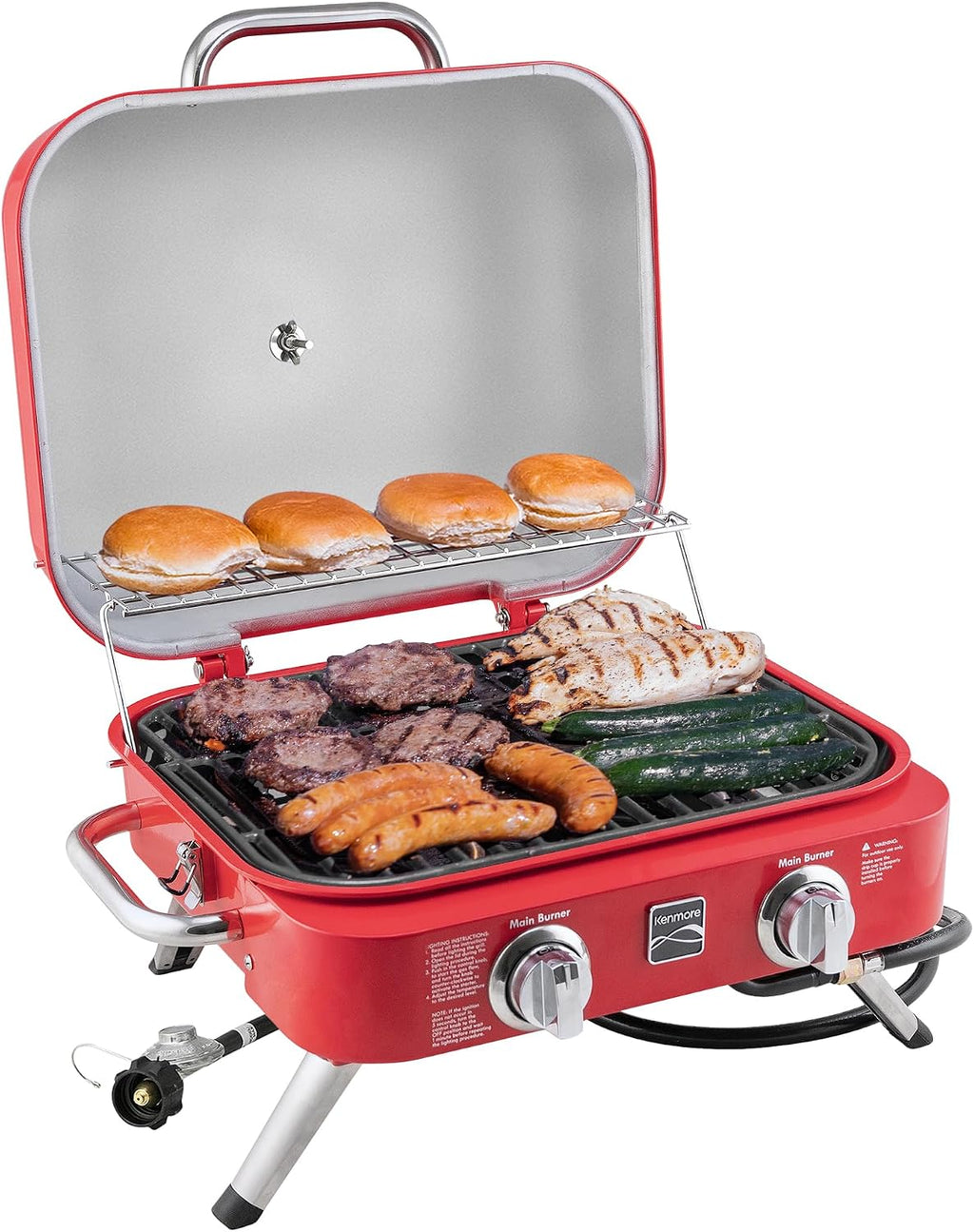Kenmore Portable Propane Gas Grill - Tabletop BBQ Grill with Warming Rack, 2 Stainless Steel Burners with 14,000 BTUs, for Outdoor Kitchen, Camping, Red