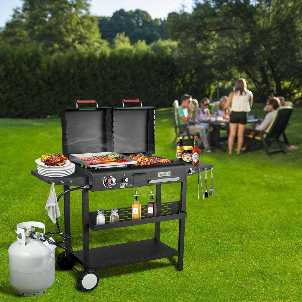 Propane Gas Griddle Charcoal Grill Combo Flat Top Griddle W/Dual Lids & 2 Side Shelves Dual Fuel BBQ Grill for Outdoor Barbecue