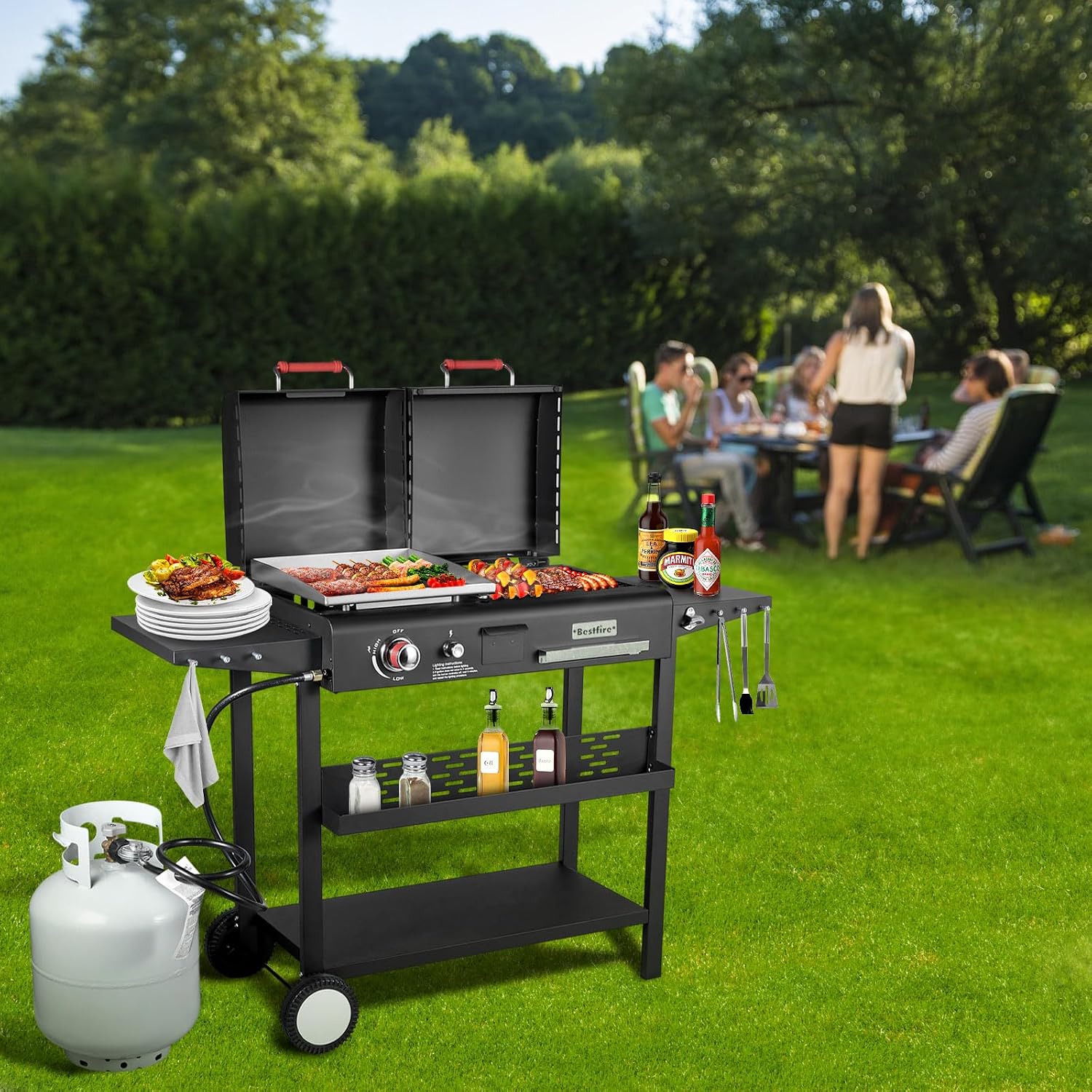 Propane Gas Griddle Charcoal Grill Combo Flat Top Griddle W/Dual Lids & 2 Side Shelves Dual Fuel BBQ Grill for Outdoor Barbecue
