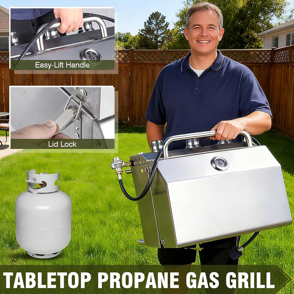 Bestfire 3-Burner Tabletop Propane Gas Grill with Dual Connections, 30,000 BTU Portable Propane Grill Fits Large Cylinders & Small Canisters, Stainless Steel Knobs, Compact Design for Camping, RV, BBQ