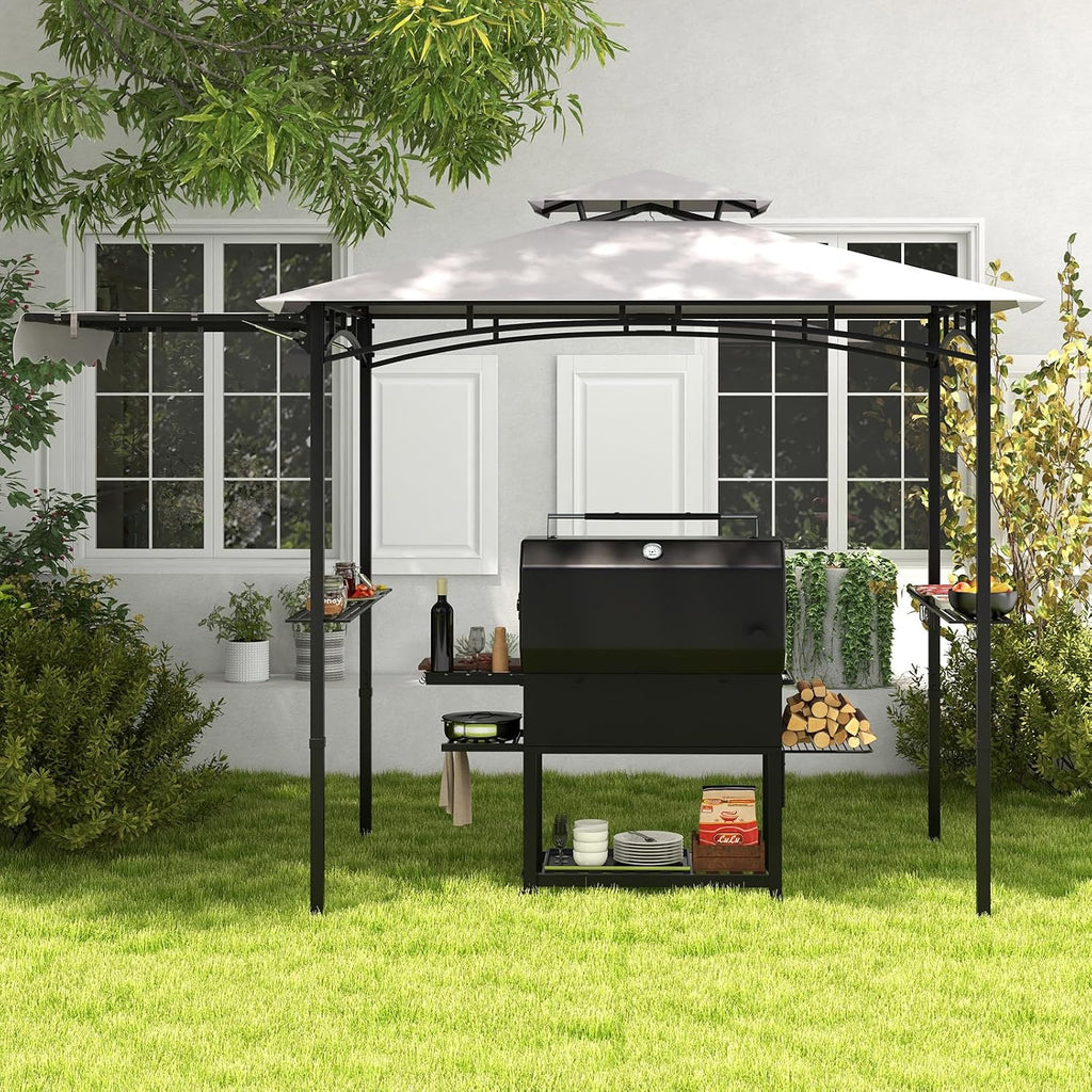 Tangkula 11x5 FT Grill Gazebo with Side Awning, 2-Tier Barbecue Gazebo with 2 Shelves, 12 Hanging Hooks, Bottle Opener, Outdoor Grill Canopy for Backyard Garden Poolside (Grey)