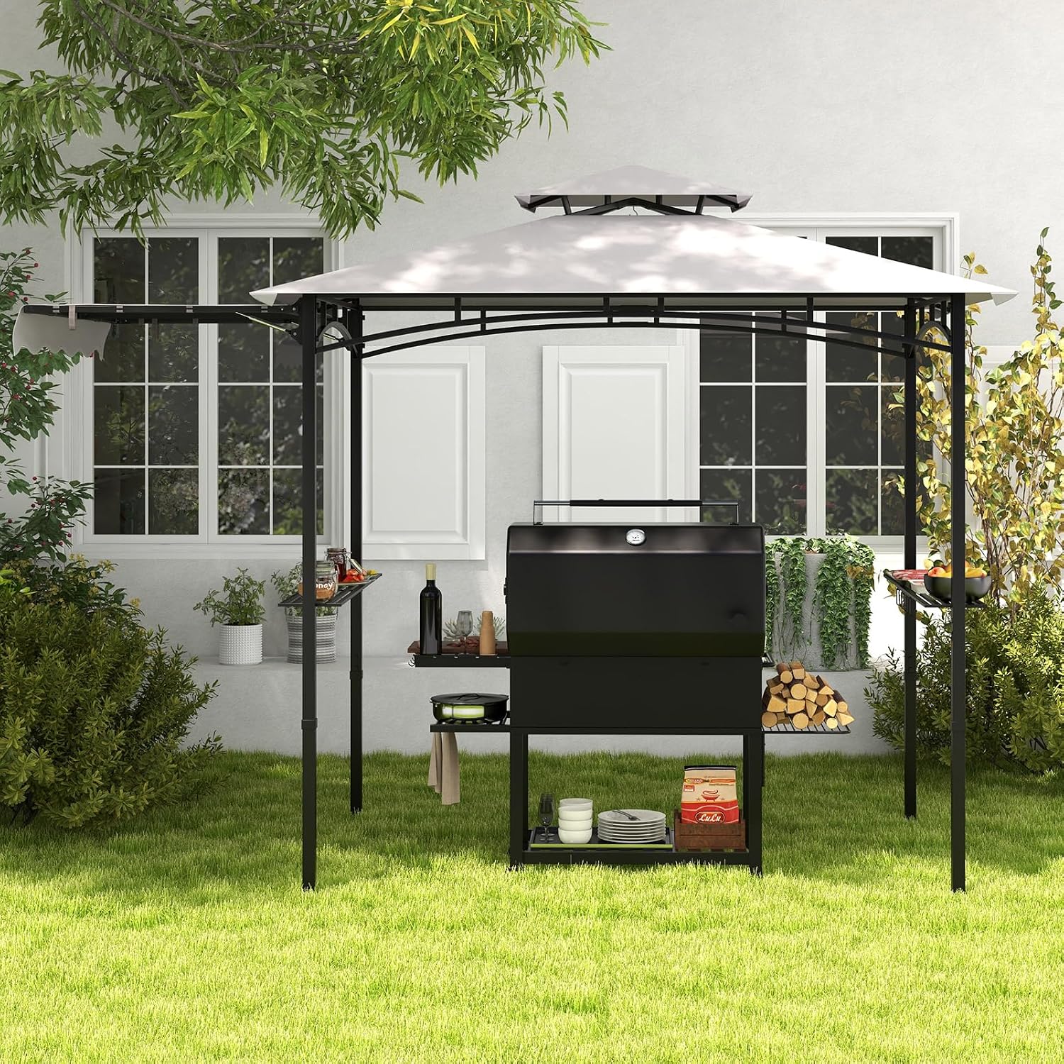 Tangkula 11x5 FT Grill Gazebo with Side Awning, 2-Tier Barbecue Gazebo with 2 Shelves, 12 Hanging Hooks, Bottle Opener, Outdoor Grill Canopy for Backyard Garden Poolside (Grey)