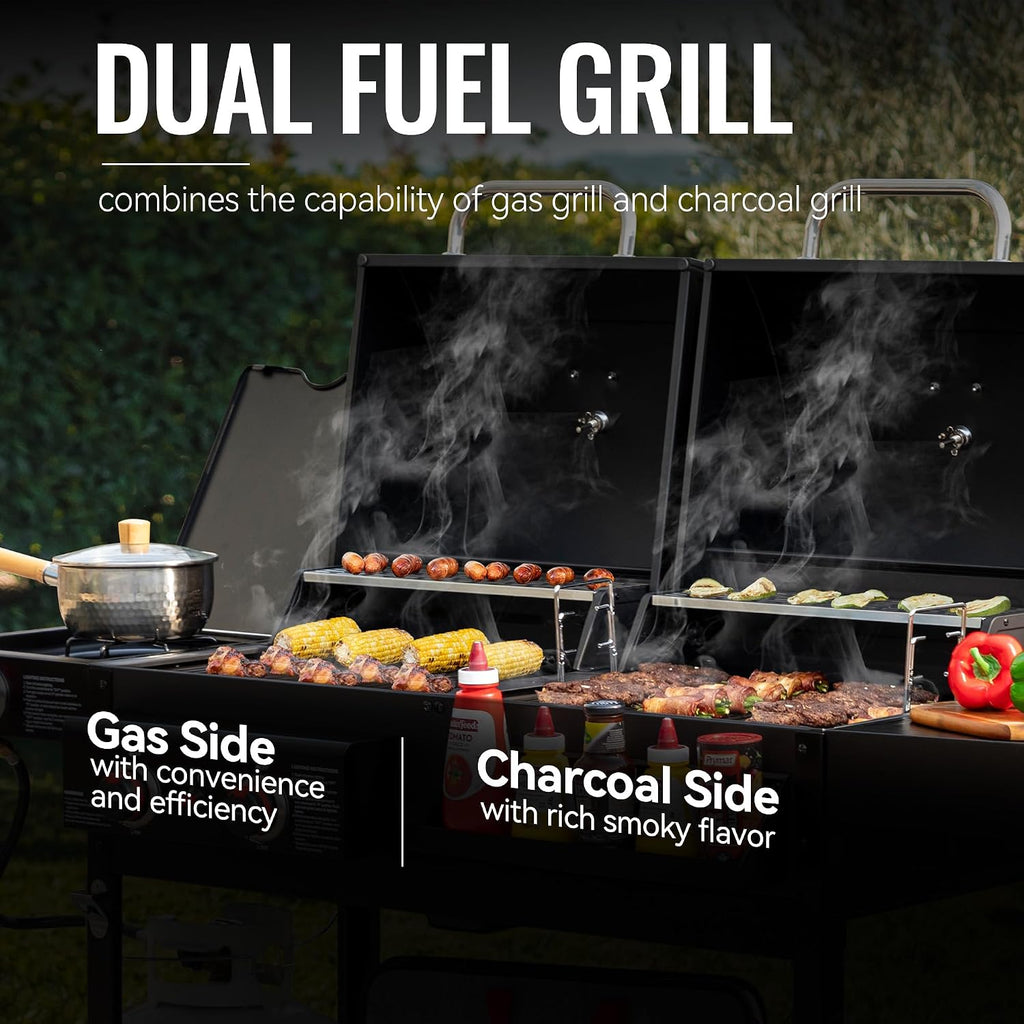 ZH3005 2-Burner Gas and Charcoal Combo Grill with Side Burner, 34,000 BTU Dual Fuel Grill, 823 Sq. In. Cooking Area, for Outdoor Patio Garden Picnic Backyard Cooking, Black