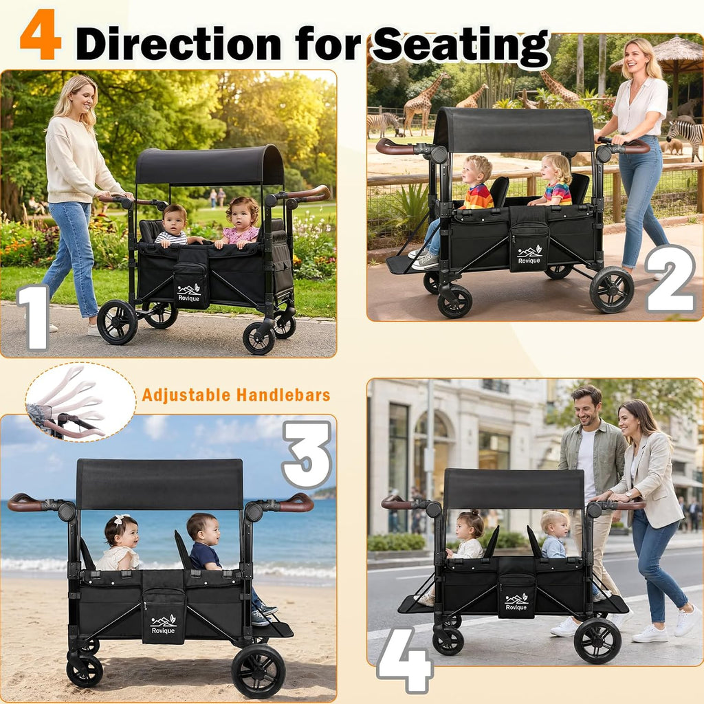 Wagon Stroller for 2 Kids, All-Terrain Stroller Wagon with Extra Long Extender, Aluminum Foldable Baby Wagon with Convertible Seats, Removable Canopy, Snack Tray, Adjustable Push/Pull Handle