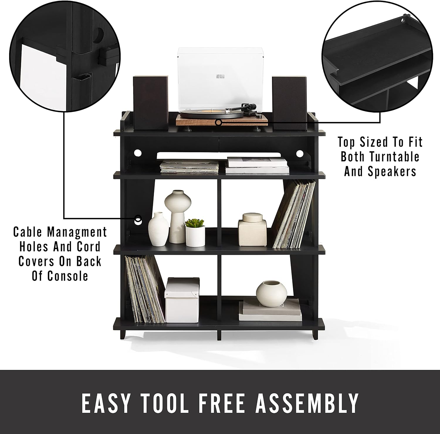 Crosley Furniture Soho Media Console, Record Player Stand with Vinyl Storage, Modern Home Organizer, Black