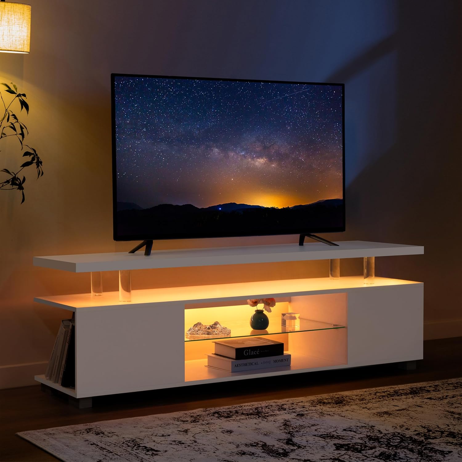 Cubehom White TV Stands for Living Room LED TV Stand Modern TV Stand with Storage for 55/60/65 inche TVs Entertainment Center for Living Room