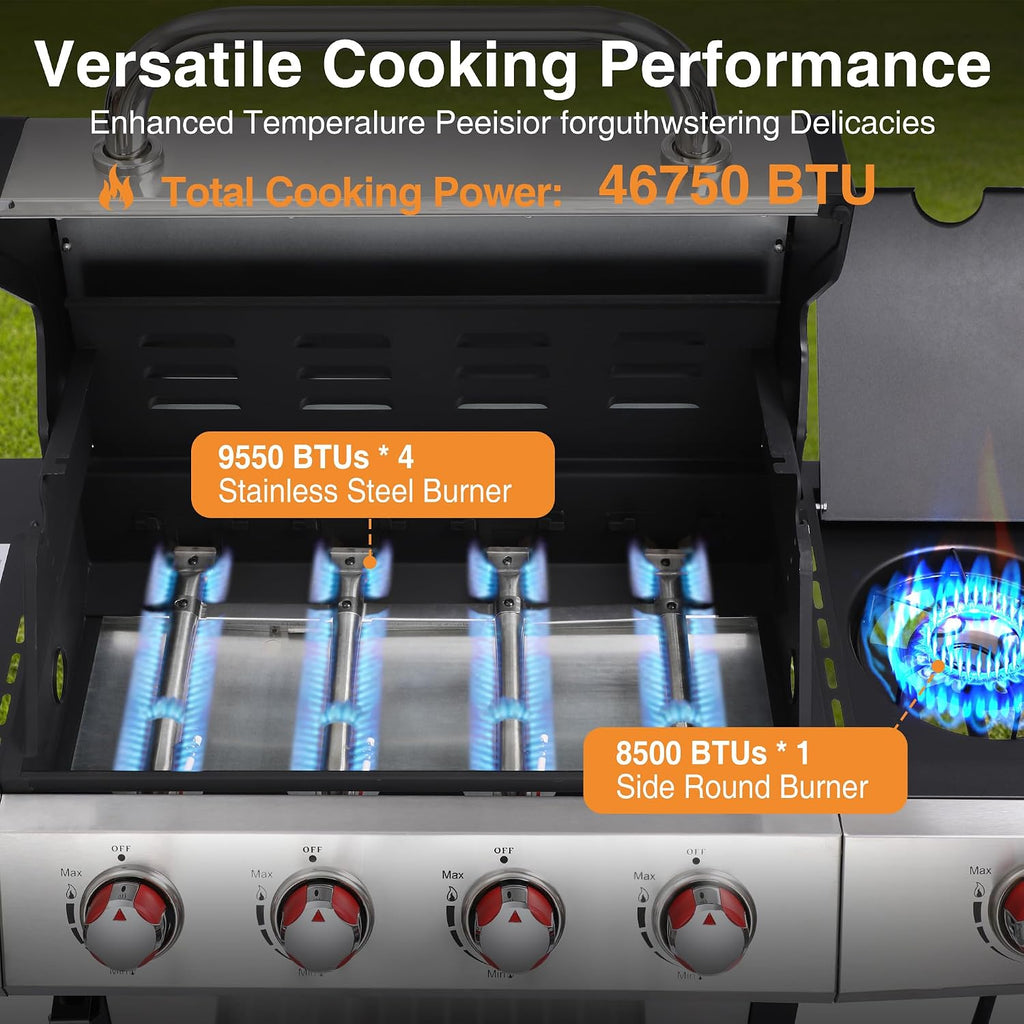 Dual Fuel 4-Burner Propane Gas Grill with Side Burner & Charcoal Trays | Outdoor BBQ & Griddle Combo with Cast Iron Grates, Stainless Steel Flat Top 448 sq. in. for Backyard Patio Camping