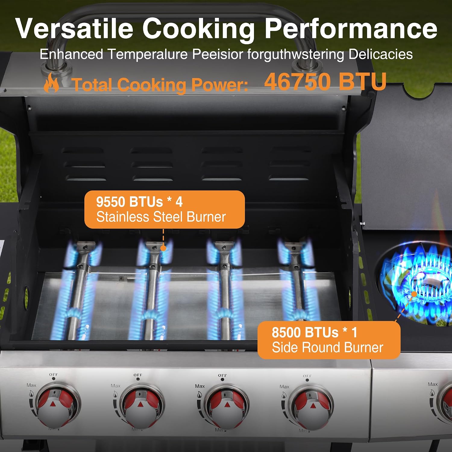 Dual Fuel 4-Burner Propane Gas Grill with Side Burner & Charcoal Trays | Outdoor BBQ & Griddle Combo with Cast Iron Grates, Stainless Steel Flat Top 448 sq. in. for Backyard Patio Camping
