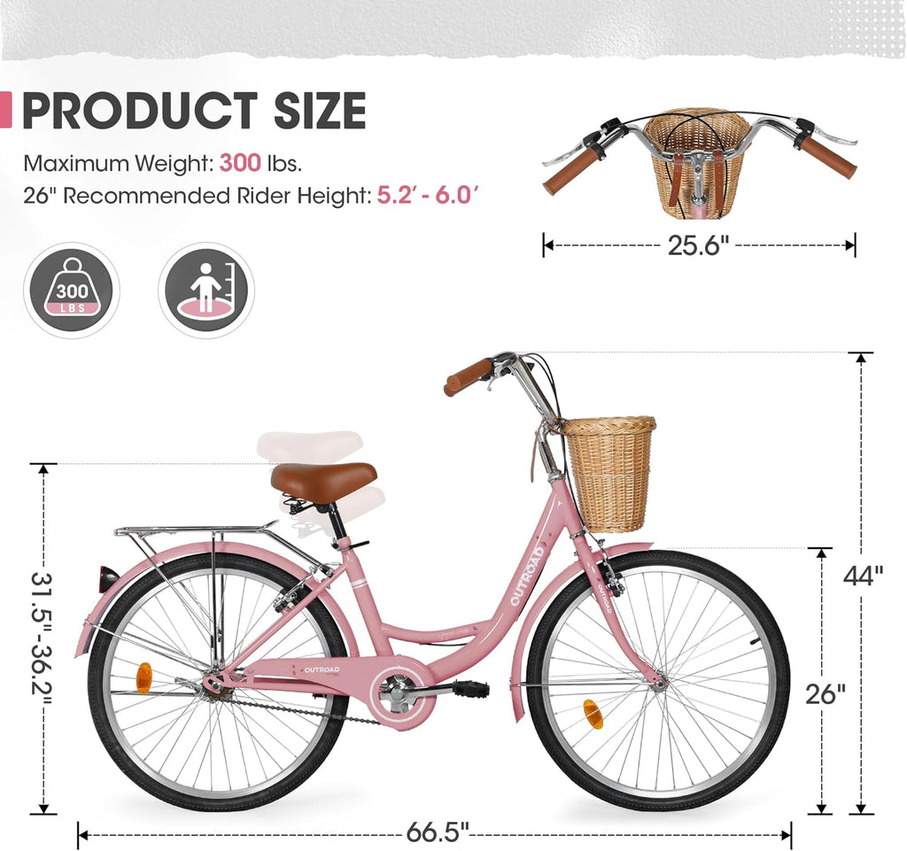 Outroad Beach Cruiser Bike, 24/26 inch Commuter Bicycle for Adult and Women,High-Carbon Steel Comfortable City Bikes with Rear Rack and Basket, (Black/Pink/White/Green/Purple)